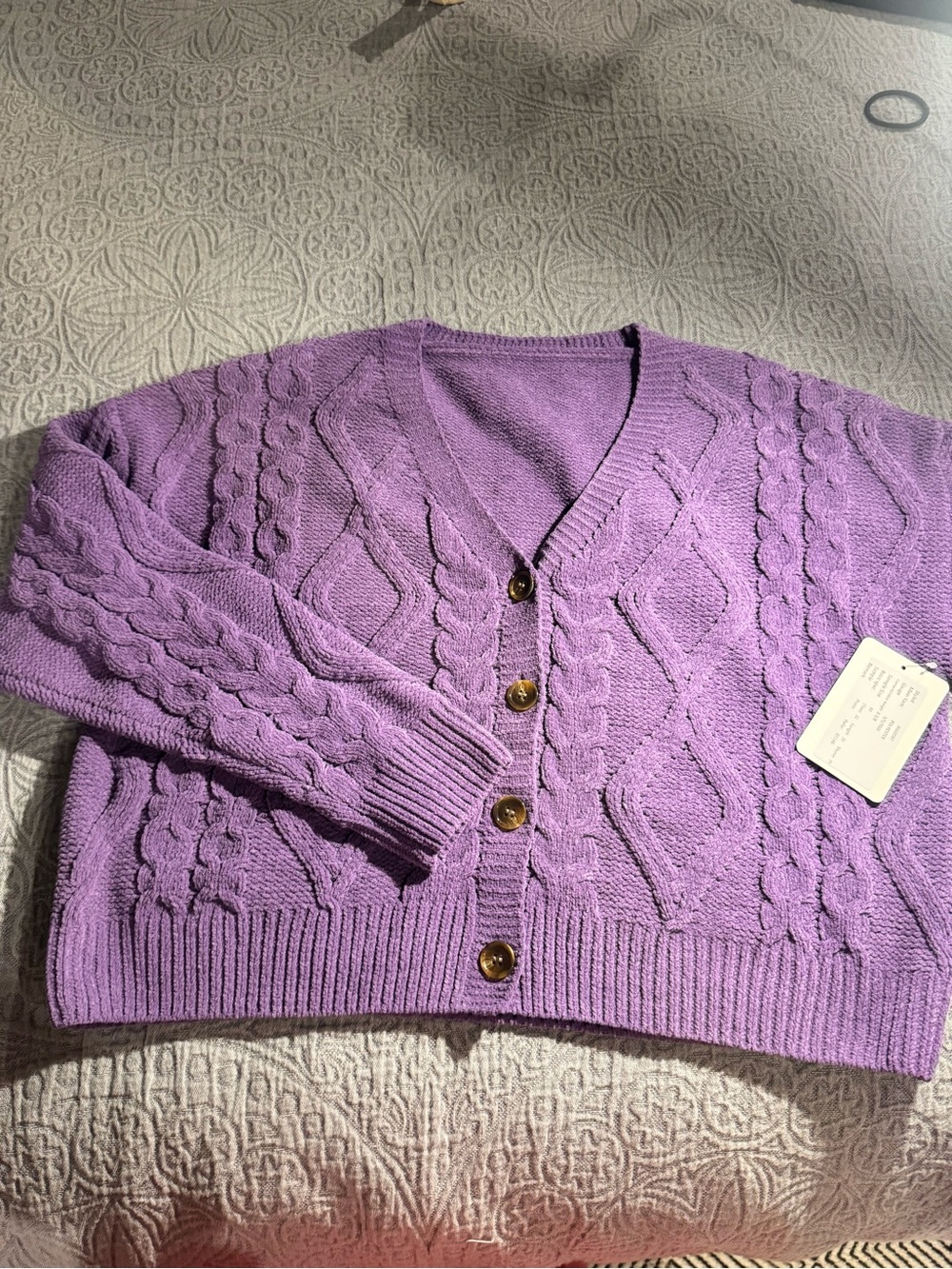 Vibrant Lilac Cable Knit V-Neck Cardigan Sweater
